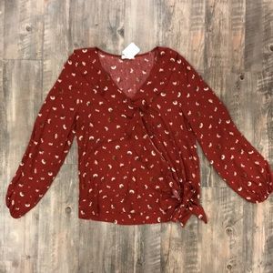 Burnt Orange Long Sleeve Patterned Ruffle Top